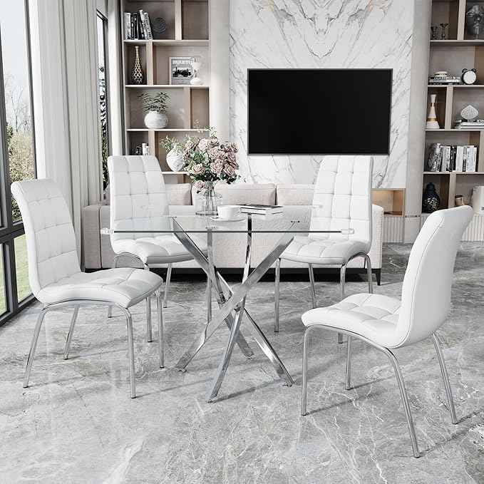 5 Piece Square Glass Dining Table Set, Round Tempered Glass Kitchen Table for 4, Modern Table with 4 High-Back Upholstered Chairs for Kitchen Dining Room (Silver Legs, 4 White Chairs)