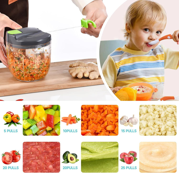 Manual Food Processor Vegetable Chopper, Portable Hand Pull String Garlic Mincer Onion Cutter for Veggies, Ginger, Fruits, Nuts, Herbs, etc., (900ml,Gray-green)