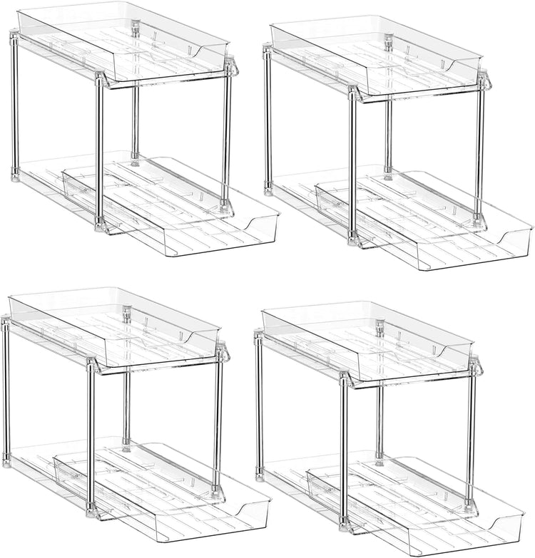 JLKDQ 4 Pack Bathroom Under Sink Organizers and Storage, 2-Tier Pull Out Medicine Cabinet Organizing- Kitchen, Pantry, Medicine Storage Bins, Vanity Makeup.(Clear,10.63" L x 8.0" W x 8.46" H).