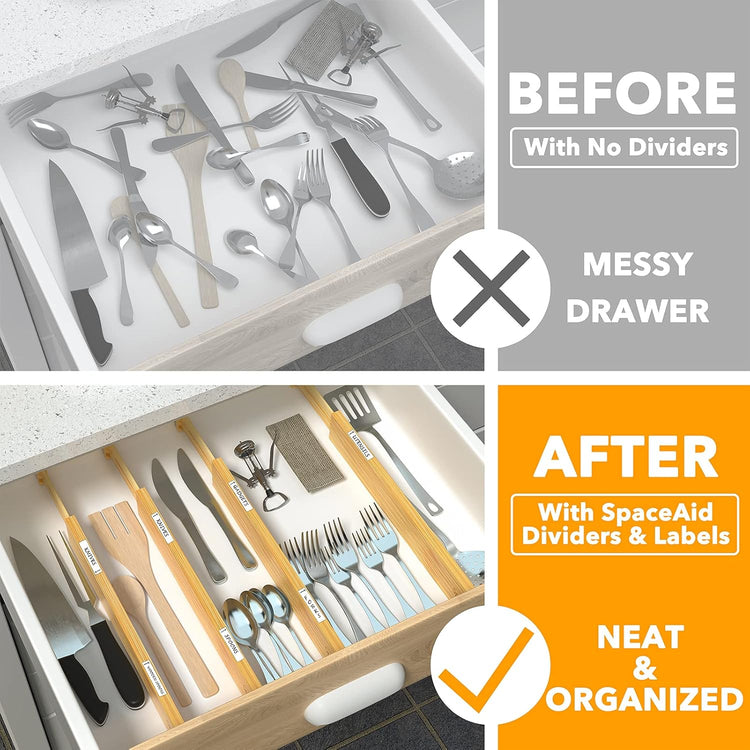 SpaceAid Bamboo Drawer Dividers with Labels, Kitchen Adjustable Drawer Organizers, Expandable Organization for Home, Office, Dressers and Bathroom, 6 Dividers (17-22 in)