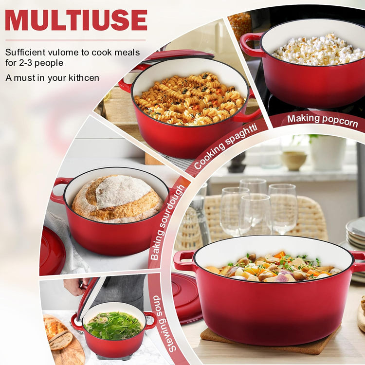 Small 3 Quart Dutch Oven, HaSteeL Round Cast Iron Cooking Pot with Lid, Nonstick Enameled Cookware for Sourdough Bread Baking Roasting Stewing Braising Frying, Heavy Duty & Oven Safe 500℉, Red - Nestoria