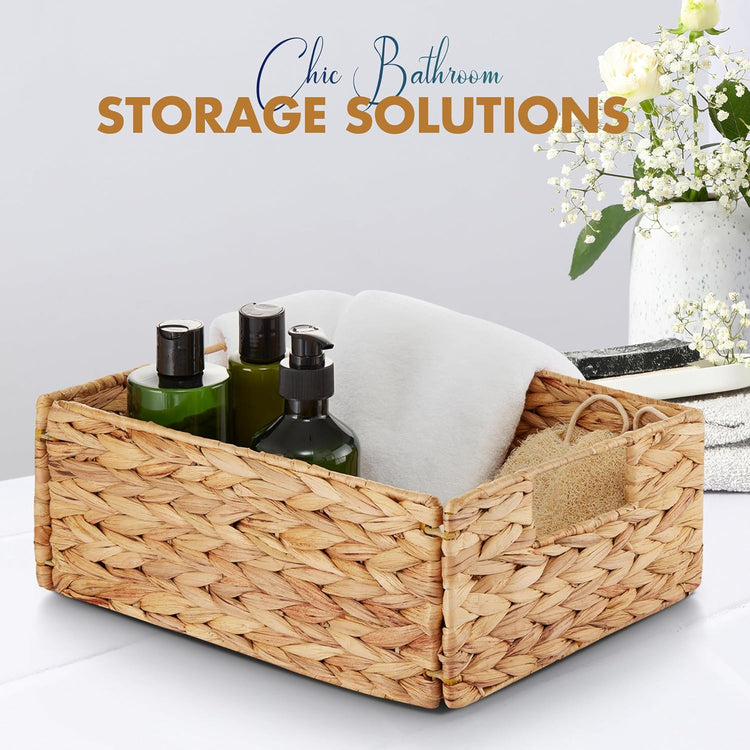 BLUEWEST Water Hyacinth Storage Baskets (Set of 6) β Woven Hyacinth Organizer with Carrying Handles, Laundry Basket for Organizing, Rattan Bin for Shelves