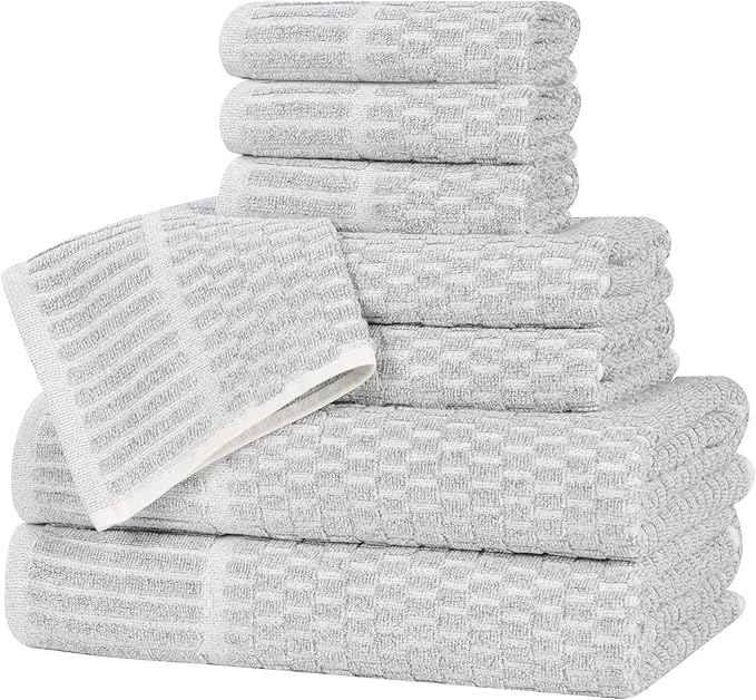 Superior Juno Viscose Cotton Blend Medium Weight Towels, for Bathroom, Shower, Spa, Plush, Quick Dry, Ultra-Soft Towels, Bath Essentials, Border Detail, 8 Piece Assorted Towel Set, Platinum