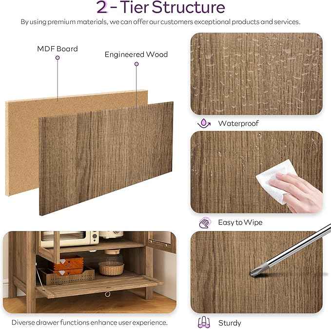 TYBOATLE 71" Tall Arched Pantry Cabinet with Innovative Drawer, Kitchen Cabinet with Anti-Tipping Device and Glass Door, Versatile Cupboard for Kitchen, Dining, Natrual