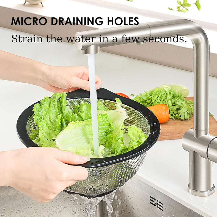 Rorence Stainless Steel Colanders Set for Kitchen - 2.5 and 4.3 Quart Capacities Kitchen Strainer Set of 2 with Black Non-Slip Handles