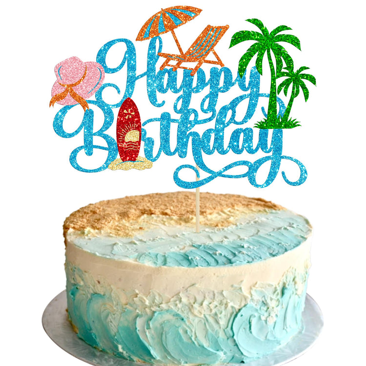 1Pcs Summer Beach Happy Birthday Cake Topper Glitter Ball Tree Umbrella Pool Cake Pick for Hawaiian Holiday Baby Shower Birthday Party Cake Decorations Supplies Blue