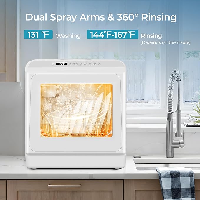 EUHOMY Countertop Dishwasher Portable with 6 Programs, 5L Built-in Water Tank for Apartments, 167โ High-Temp, No Hookup Needed, Mini Dishwasher with Baby Care, Air Dry/Quick/ECO/Fruit/Normal, White