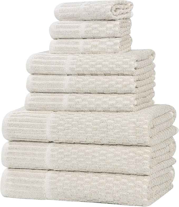 Superior Juno Viscose Cotton Blend Medium Weight Towels, for Bathroom, Shower, Spa, Plush, Quick Dry, Ultra-Soft Towels, Bath Essentials, Border Detail, 9 Piece Assorted Towel Set, Beige