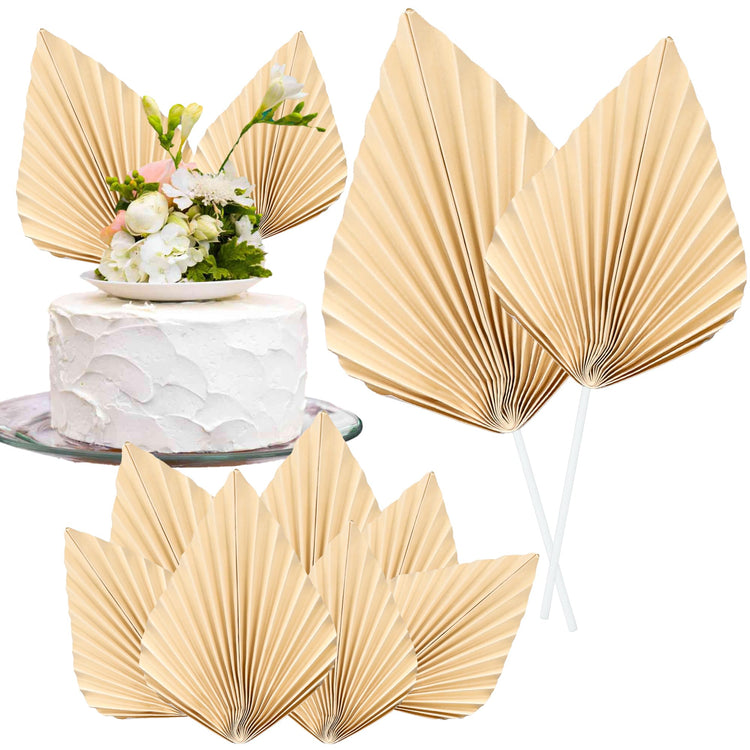 6Pcs Paper Palm Fan Cake Toppers Palm Leaf Fan Cake Topper Palm Spear Leaf Cupcake Toppers Cake Insert Decoration For Cake Decorating Diy Craft Project Home Wedding Party Supplies Beige (6 Count)