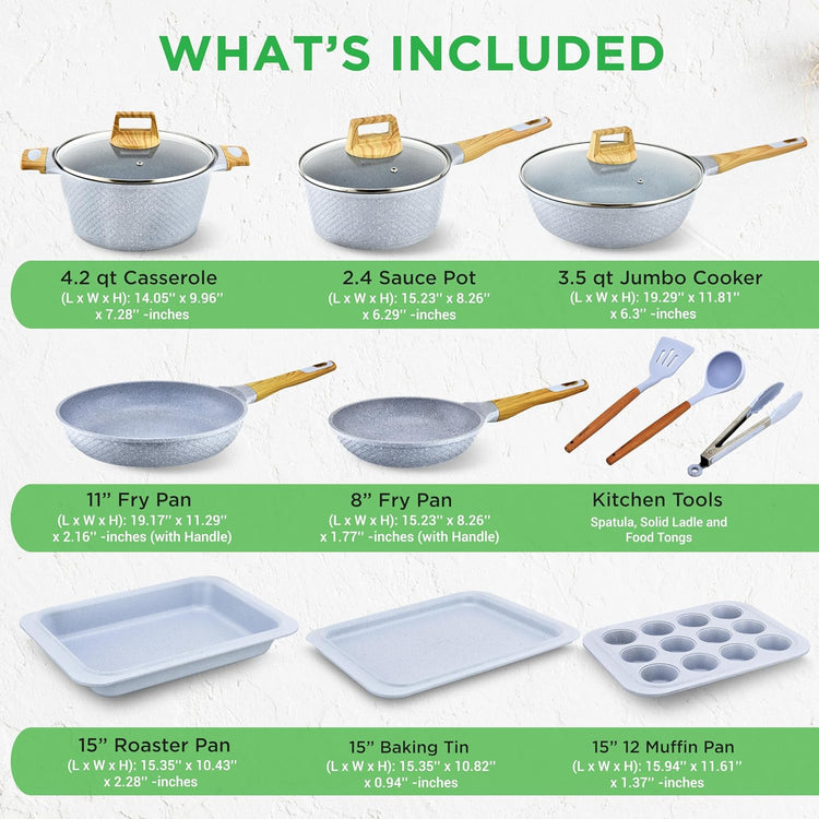 Nutrichef 22-Piece Cookware and Bakeware Set | Professional Home Kitchen Collection with Multi-Sized Pots, Pans, Non stick and Heat-Resistant Tools (Moon Grey Marble)