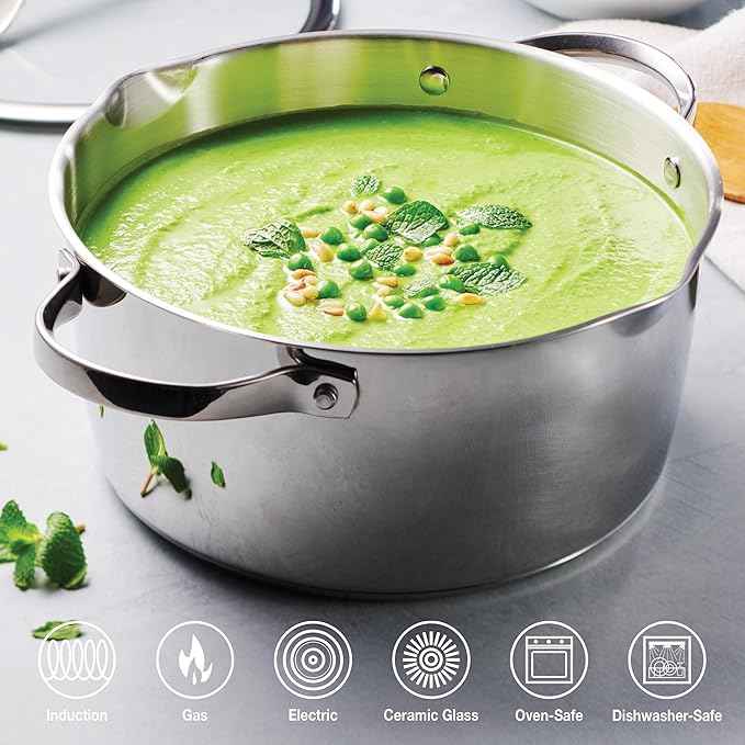 Tramontina Tempo Tri-Ply Base Stainless Steel 5-Quart Dutch Oven Pot with Glass Lid, Induction-Ready, Oven-Safe, Dishwasher-Safe