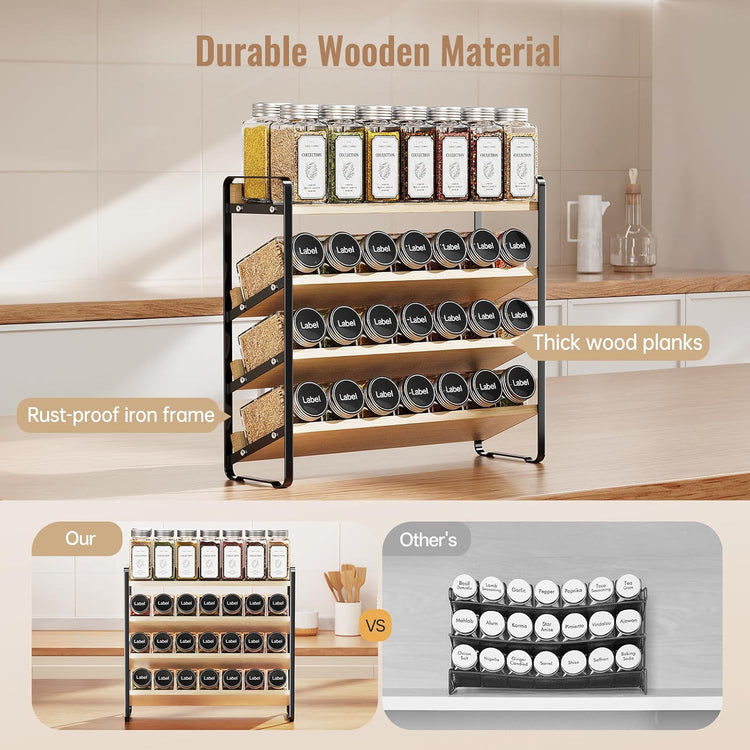 MUDEELA 4 Tier Spice Rack Organizer for Cabinet, Wooden Vertical Spice Shelf, Seasoning Organizer for Countertop, Kitchen, Pantry, Freestanding, 13.4" W × 11.2" H (No Jars Included), Black
