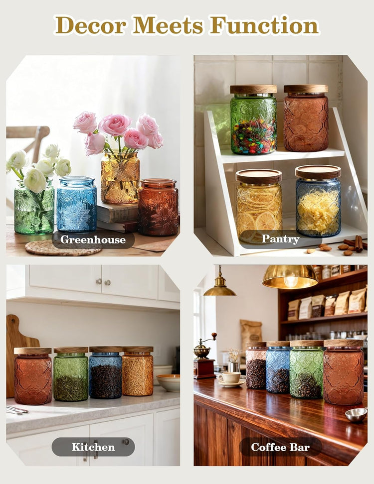Glass Jar with Airtight Wood Lid – 24 OZ Kitchen and Pantry Canister, Decorative Vintage Storage Container for Candy, Coffee, Cookie, Cereal, Flour, Sugar, Tea, Apothecary, Blue Sunflower