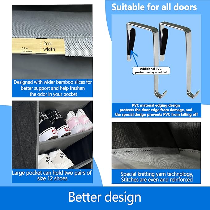 shoe organizer,70 Pounds Large Capacity,20-30-Pair over the door shoe organizer,10 Tiers shoe rack for closet,New upgrade Anti-scratch heavy duty hook and Bamboo material Baffle, Black/Grey