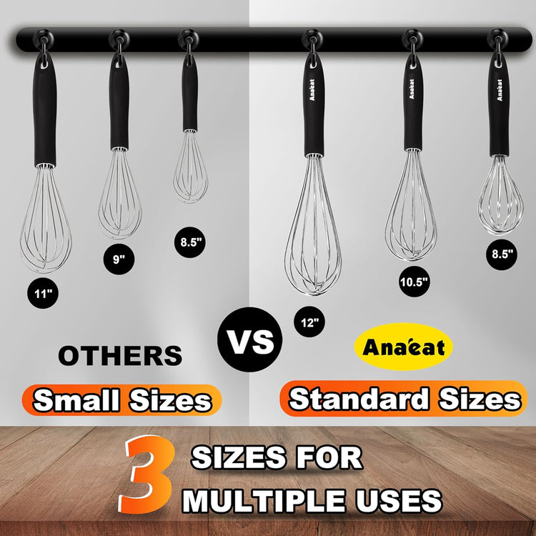 3 Packs Stainless Steel Whisk Set - Balloon Whisk, Anaeat Thick Stainless Steel Wire & Strong Handles, Egg Beater for Cooking, Blending, Whisking, Beating and Stirring (8.5"+10.5"+12")
