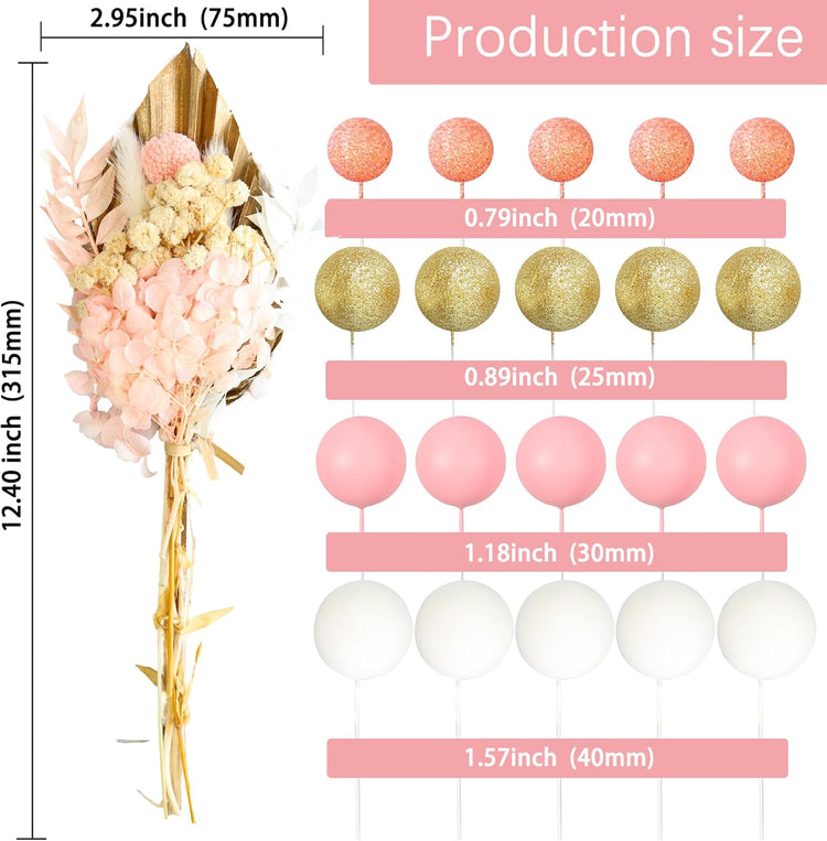 Gyufise 21 Pack Flower Boho Cake Topper Ball Cake Decorations Palm Leaves Plants Cake Decor for Girl Bohemian Princess Theme Wedding Baby Shower Birthday Party Supplies Gold Pink