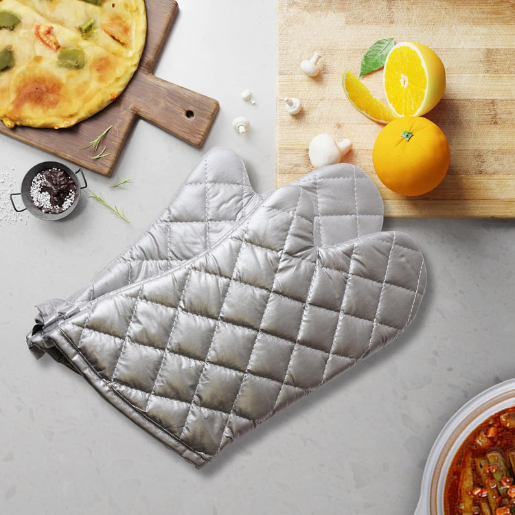 Silver Oven Mitts,Quilted Cotton Lining 13 Inch Oven Gloves,Heat Resistant for Kitchen Cooking,Grilling,Backing,Set of 2