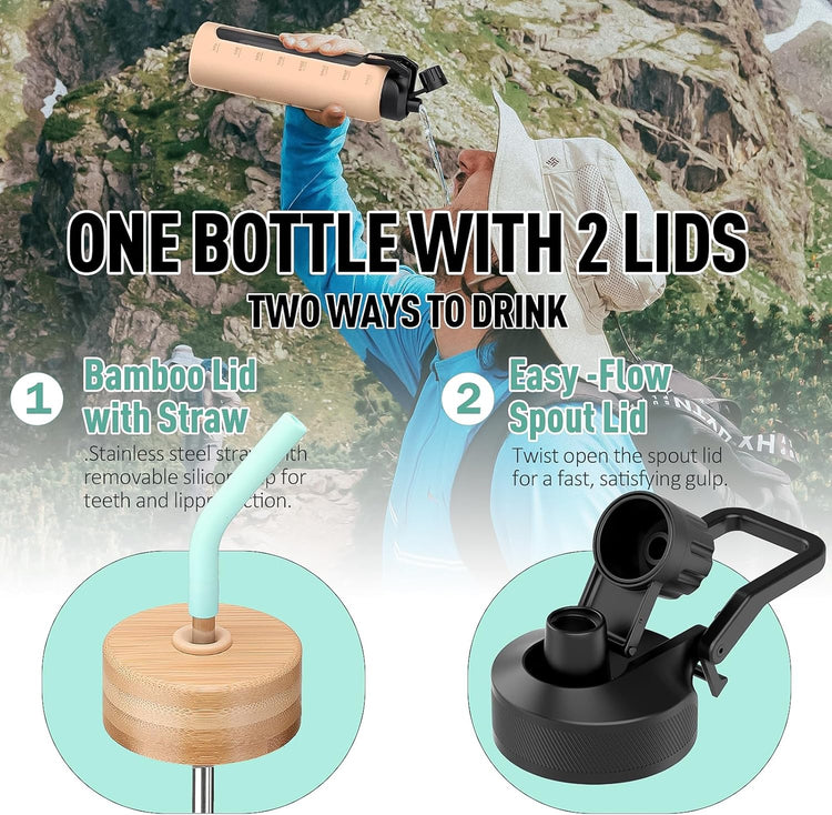Glass Water Bottle with Straw, 24oz Glass Drinking Bottle with 2 Lids-Bamboo and Spout Lid with Phone Holder Handle for Gym Sports,with Silicone Sleeve and Time Marker,Mint Green