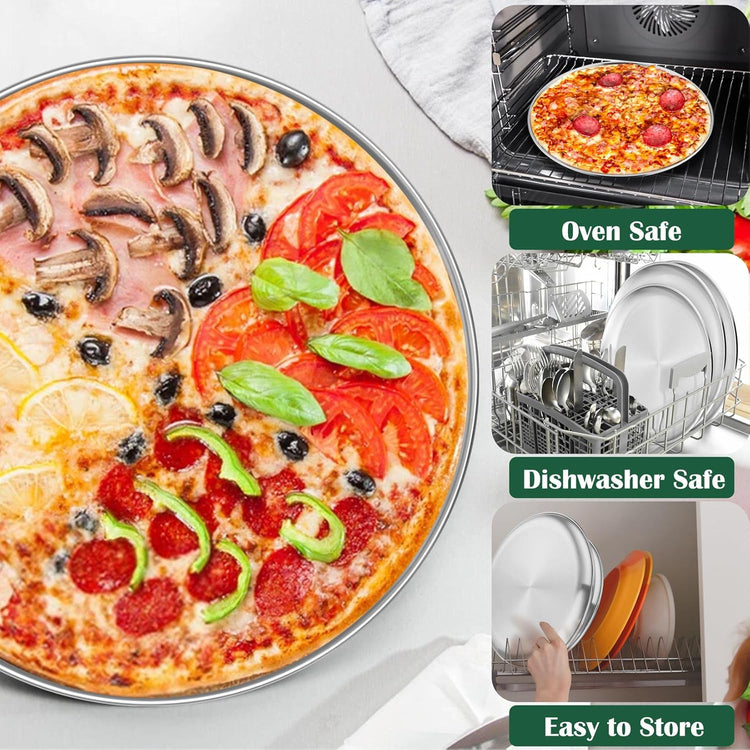 P&P CHEF 12 + 13.5 + 13.5 Inch Pizza Pan, 3 Pieces Stainless Steel Round Pizza Tray Dish Plate For Oven Baking Roasting, Healthy & Heavy Duty, Rust Free & Dishwasher Safe -Silver