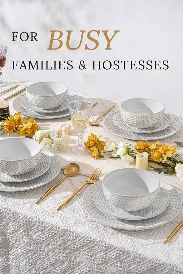 12 Piece Embossed Dinnerware Sets for 4, Elegant Plates and Bowls Sets, Microwave & Dishwasher Safe, Stoneware for Stylish Home DiningโPerfect Housewarming Gift for Busy Families & Hostesses