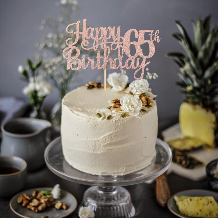 1 PCS Happy 65th Birthday Cake Topper Glitter Cheers to 65 Years Birthday Cake Pick 65 Fabulous Cake Decoration for Happy 65th Birthday Theme Party Decorations Supplies Rose Gold