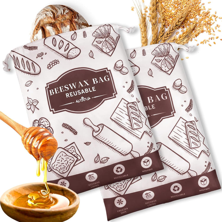 2-Pack Beeswax Bread Bags for Homemade Bread,Reusable Sourdough Storage Bags with Premium Beeswax Coating for Loafs Baguette Fresh Keeping,Great Baking Essentials and Gifts for Families & Friends.