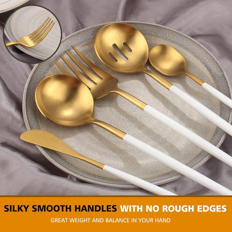 Matte Whitegold Serving Set,Oliviola 5-Piece Stainless Steel Large Hostess Set with Round Edge, Satin Finished, Dishwasher Safe -Large Spoon, Large Fork,Butter Knife,Sugar Spoon & Slotted Spoon