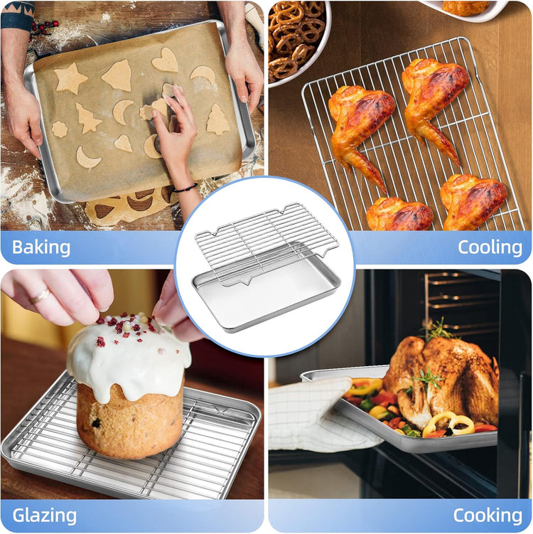 Baking Sheet with Wire Rack, Cookie Sheet Baking Pan Toaster Oven Tray with Cooling Rack, Stainless Steel Eighth Sheet Pan with Rack 9' x 7' x 1', Healthy & Non Stick & Dishwasher Safe