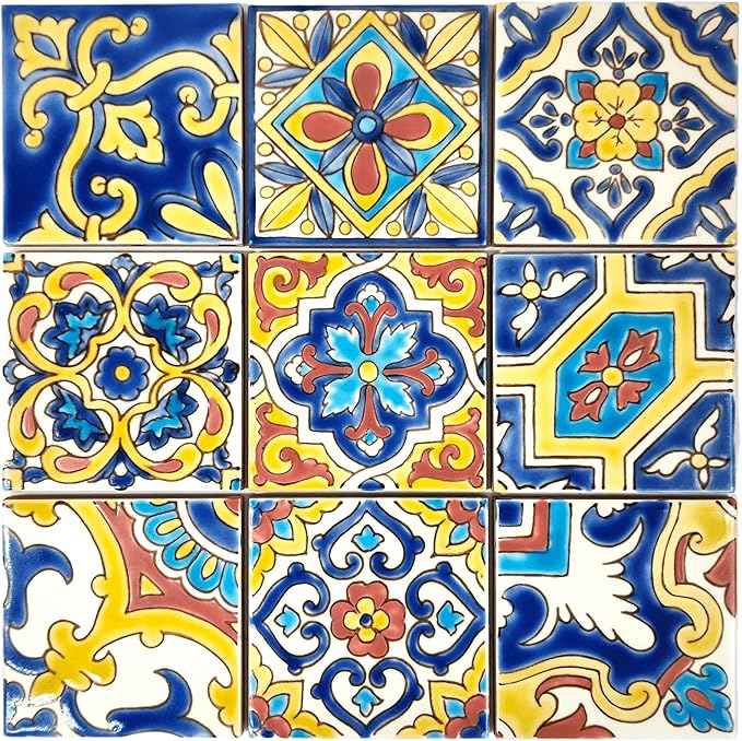 DYARI Set of 9 Decorative Ceramic Tiles – Hand Painted Indoor & Outdoor – Artisan Top Kitchen – Mediterranean Decorative 4x4 / One Tile Durable Colorful (Yellow & Red, 45 Tiles (5 Sq Ft))
