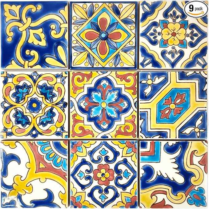 DYARI Set of 9 Decorative Ceramic Tiles – Hand Painted Indoor & Outdoor – Artisan Top Kitchen – Mediterranean Decorative 4x4 / One Tile Durable Colorful (Yellow & Red, 9 Tiles (1 Sq Ft))