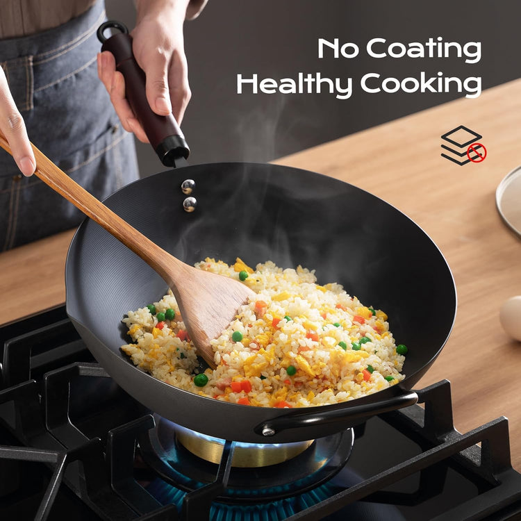 Wok, 13 Inch carbon steel woks & stir-fry pans nonstick, Pre-Seasoned 5.8QT Flat Bottom Chinese Wok Pan with lid, Carbon Steel Cookware, Compatible with All Cooktops