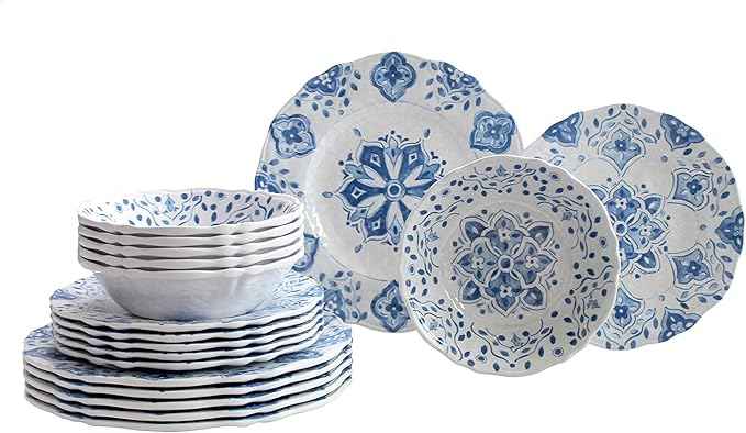 Le Cadeaux 18 Piece Luxury Melamine Dinnerware Set, Service for 6 (Moroccan Blue)