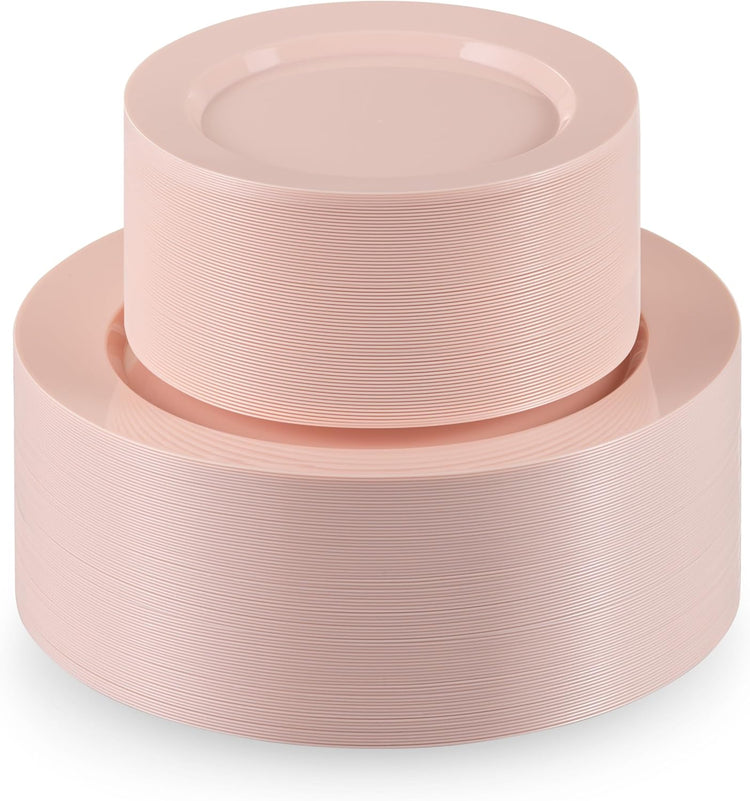 Munfix 100 Pink Plastic Plates Set, 50 Pcs 10 Inch Plastic Dinner Plates and 50 Pcs 7 Inch Plastic Dessert Plates, Elegant Fancy Heavy Duty Disposable Plates for Party, Wedding, Pink