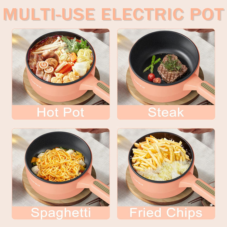 TOPWIT Hot Pot Electric with Steamer, đđ Electric Pot, Non-Stick Portable Cooker, Portable Pot, SautĂ© Pan for Steak, Egg, Ramen, Soup with Dual Power Control (Silicone Spatula Included), Peach