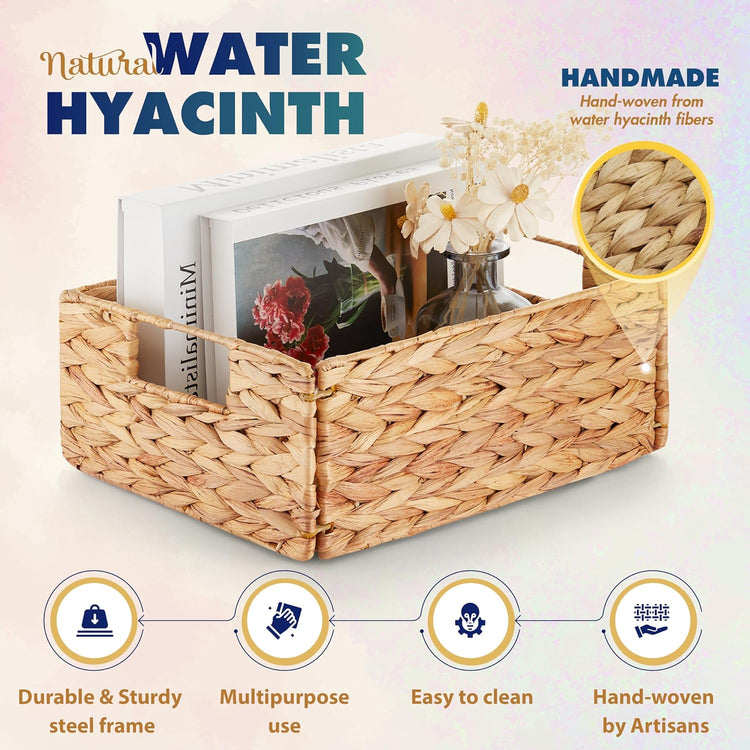 BLUEWEST Water Hyacinth Storage Baskets (Set of 6) β Woven Hyacinth Organizer with Carrying Handles, Laundry Basket for Organizing, Rattan Bin for Shelves