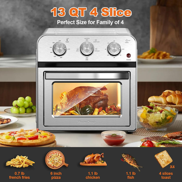 PlumChef 13 Quart 4 Slices Air Fryer Convection Toaster Oven, 1500W, Multifunction Oven for Roast, Bake, Grill, Broil, Toast(stainless steel)