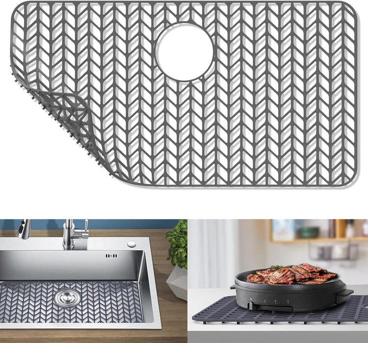 GUUKIN Sink Protectors for Kitchen Sink - 28.4"x 15.2" Silicone Kitchen Sink Mat Grid for Bottom of Farmhouse Stainless Steel Porcelain Sink with Rear Drain(Grey), 2815B