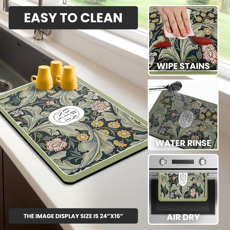Dish Drying Mat Super Absorbent – 16" x 18" Coffee Mat for Countertops – Non-Slip Drying Mat for Kitchen Counter – Easy to Clean Water Absorbent Mat – Quick Dry Dish Mats (Green Flowers)