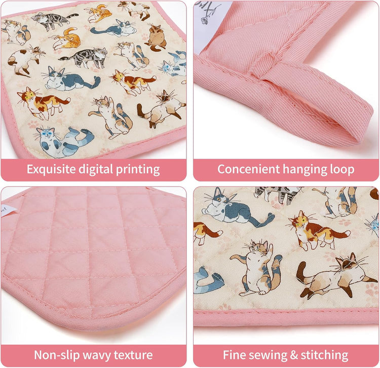 Cat Oven Mitts and Pot Holders Sets 100% Cotton Heat Resistant, Extra Long Oven Gloves Potholder for Kitchen Cooking Baking Housewarming