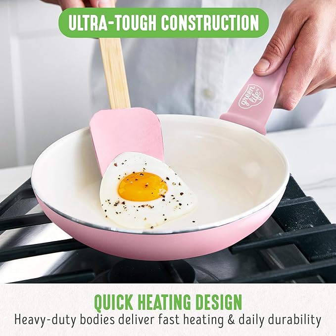 GreenLife Soft Grip 8” Frypan Skillet and Spatula Breakfast Cookware Set, PFAS-Free Ceramic Nonstick, Silicon Spatula with Bamboo Handle, Egg Omelette Bacon, Dishwasher Safe, Stay-Cool Handles, Pink