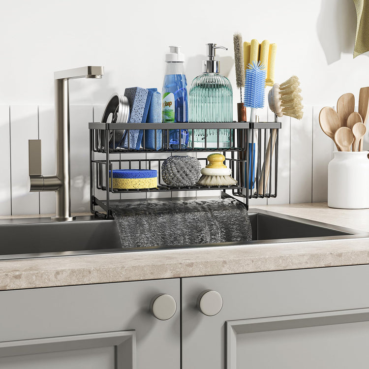 2 Tier Kitchen Sink Caddy Organzier Rack with Dish Brush Sponge Holder