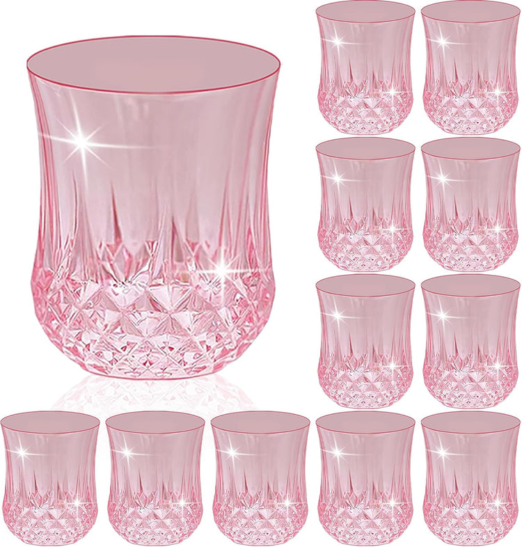 12 PCS Pink Stemless Wine Glasses,Colored Plastic Reusable Cups 9OZ Vintage Drinking Glasses Tumblers for Whisky, Beer, Juice, Beverages, Cocktai
