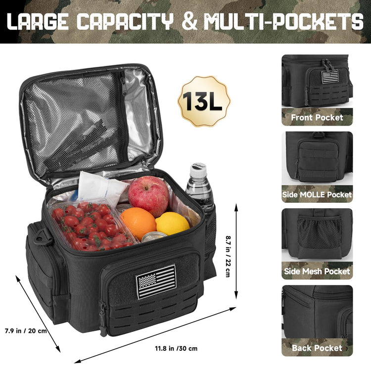 Tactical Lunch Bag for Mens Military Heavy Duty Lunch Box Work Leakproof Insulated Durable Thermal Cooler Bag for Adult Meal for Office Camping Picnic Pail MOLLE Webbing Black