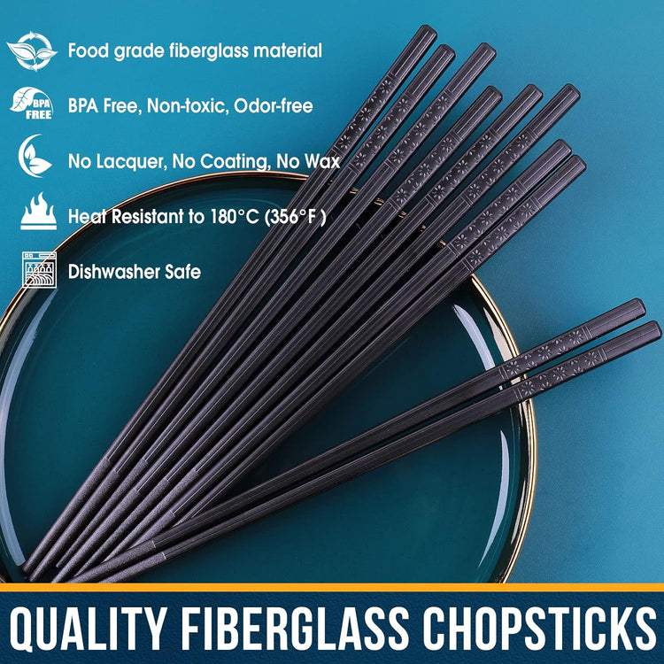 Chopsticks, GLAMFIELDS 5 Pairs Premium Black Chopsticks Reusable for Sushi Japanese Matte Anti-slip Chop Sticks with Gift Case Lightweight Dishwasher Safe, 9 1/2 Inches