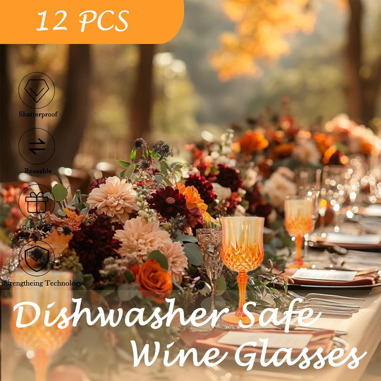Plastic Wine Glasses,Plastic Goblets Vintage Style Cordial Drinking Glasses for Wedding Reception, Grand Event Party Supplies (12, Pumpkin orange)