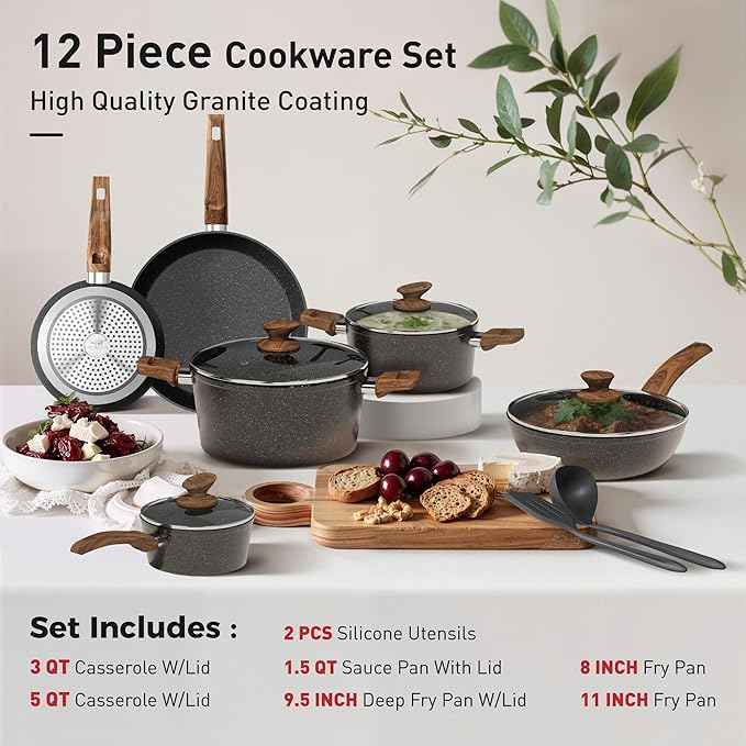 DishDelight Induction Pots and Pans Set Non Stick, 12 Piece Nonstick Kitchen Cookware Sets, Nonstick Granite Cooking Set Induction Pots and Pans, Induction Cookware Sets with Frying Pans, Black