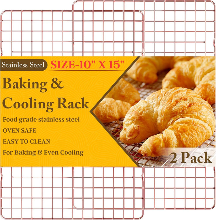 2-Pack Cooling Racks for Cooking and Baking - 10" x 15"Heavy Duty Stainless Steel Wire Rack for Baking, Grilling, Roasting - Oven & Dishwasher Safe - Fits Jelly Roll Sheet Pan(Rose Gold)