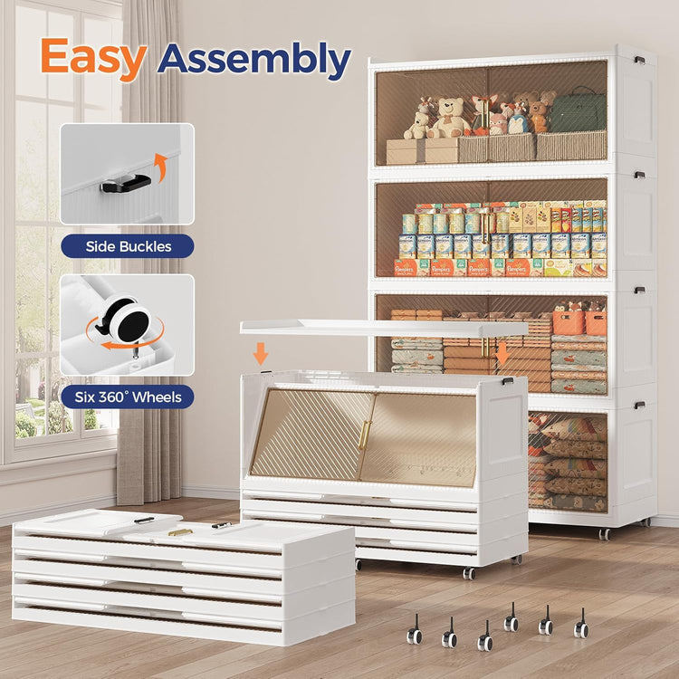 320 Gallon Extra Large Collapsible Storage Bin with Lid, 1280QT Stackable Plastic Organizer with 6x Wheels, Foldable Drawer Cabinet for Closet, Living Room Office Dorm 4Pack, White
