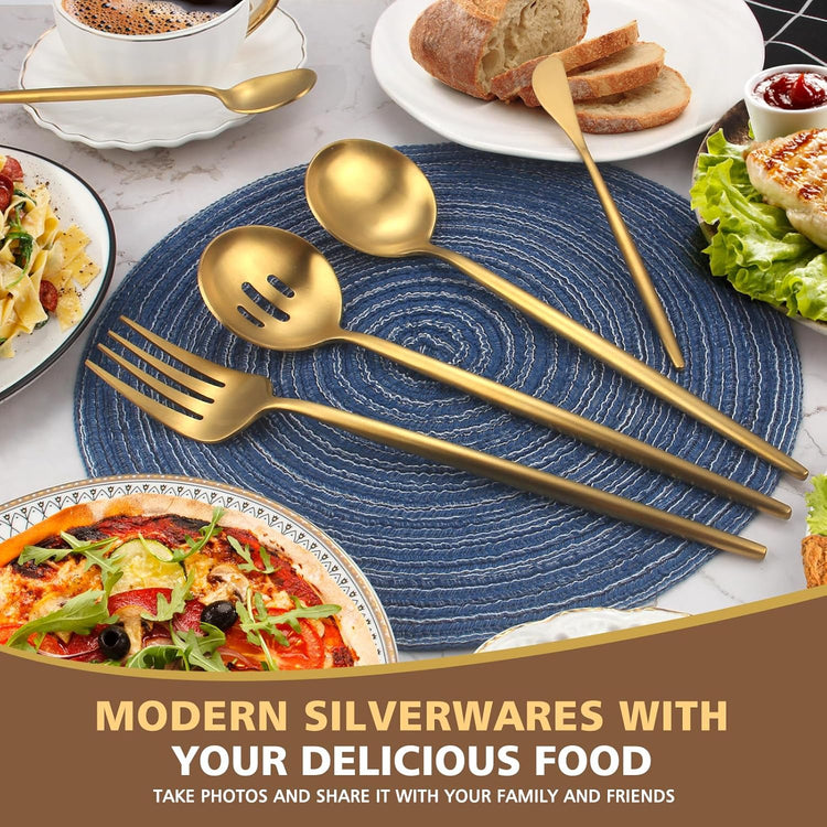 Matte Gold Serving Set,Oliviola 5-Piece Stainless Steel Large Hostess Set with Round Edge, Satin Finished, Dishwasher Safe -Large Spoon, Large Fork,Butter Knife,Sugar Spoon & Slotted Spoon