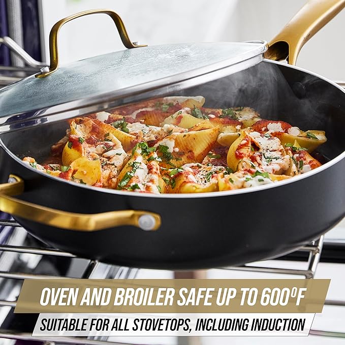 Blue Diamond Gold 12 Piece Cookware Set, PFAS-Free Ceramic Nonstick Pots & Pans, Induction Ready for All Cooktops, Kitchen Serving Utensils, Dishwasher Safe, Black